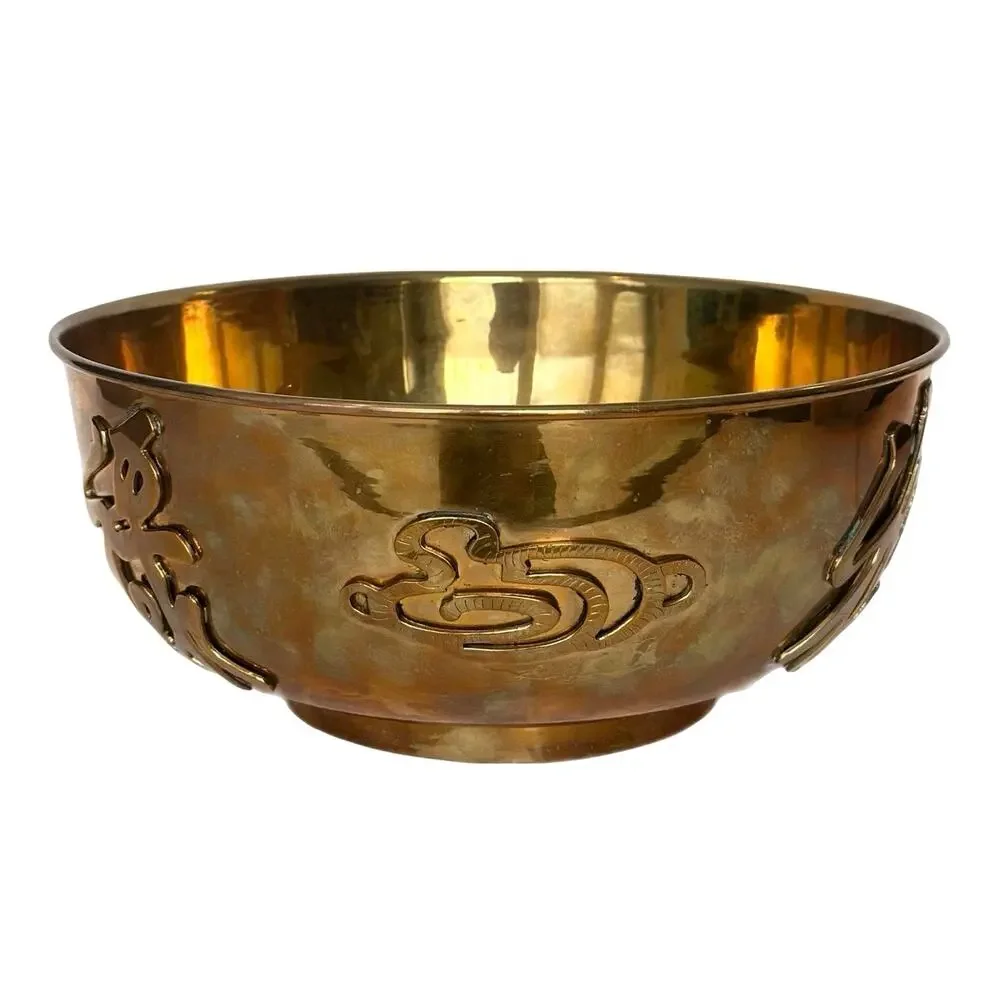 Vtg Chinese Brass Pedestal Bowl Asian Decor Embossed Symbols Footed 12